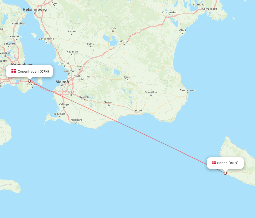 Bornholm - Copenhagen route map and flight paths