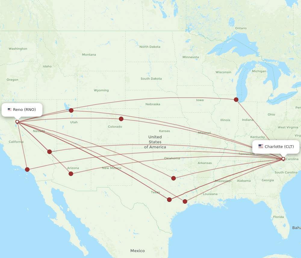 RNO to CLT flights and routes map