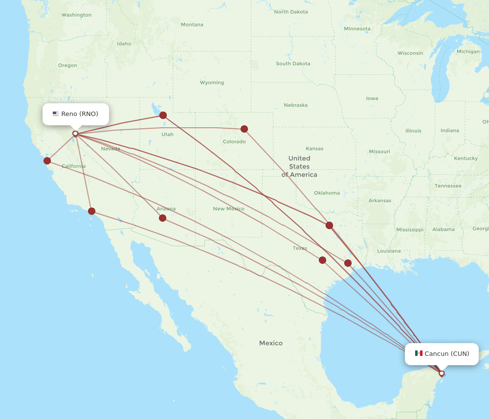 RNO-CUN flight routes