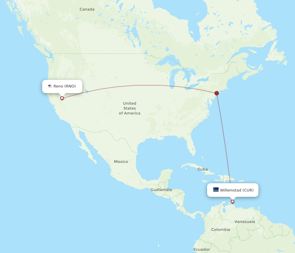 RNO to CUR flights and routes map