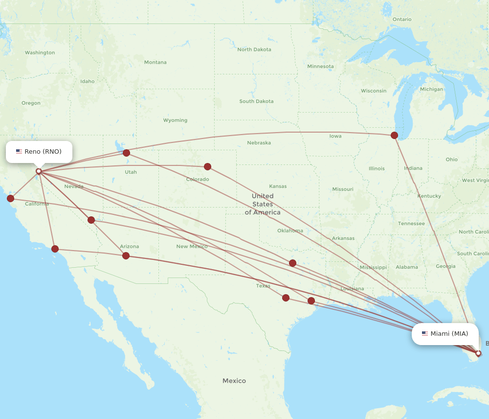 RNO to MIA flights and routes map