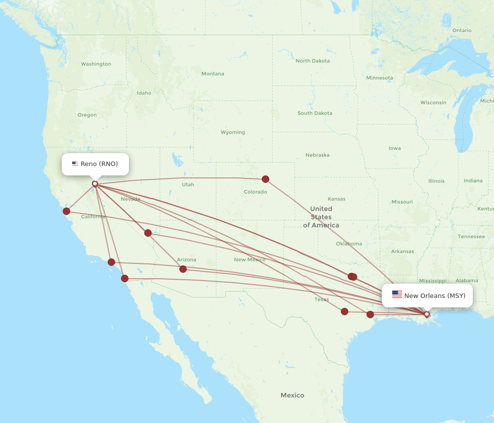 RNO to MSY flights and routes map