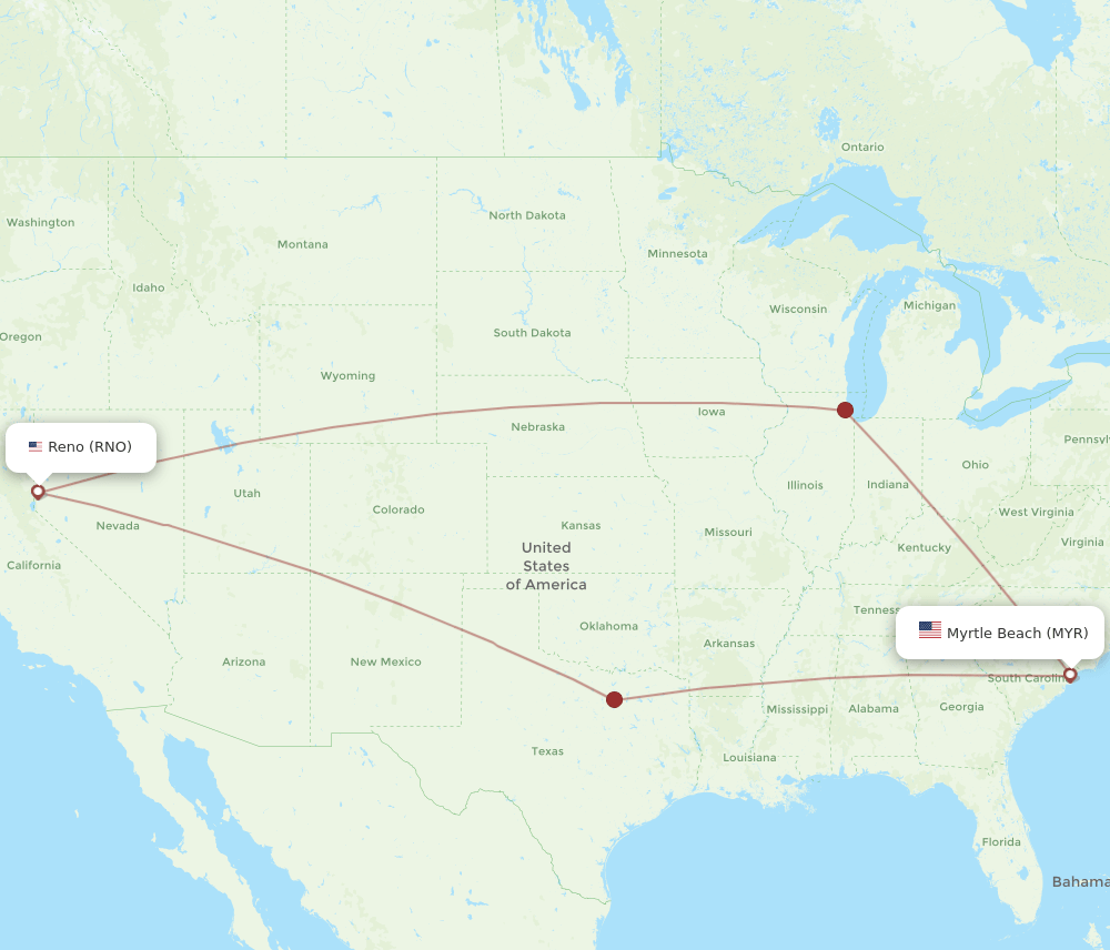 RNO to MYR flights and routes map