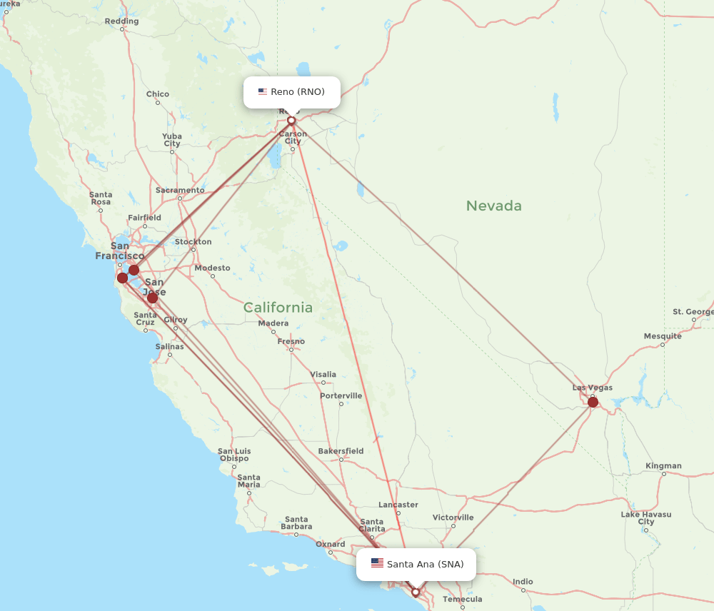 RNO to SNA flights and routes map