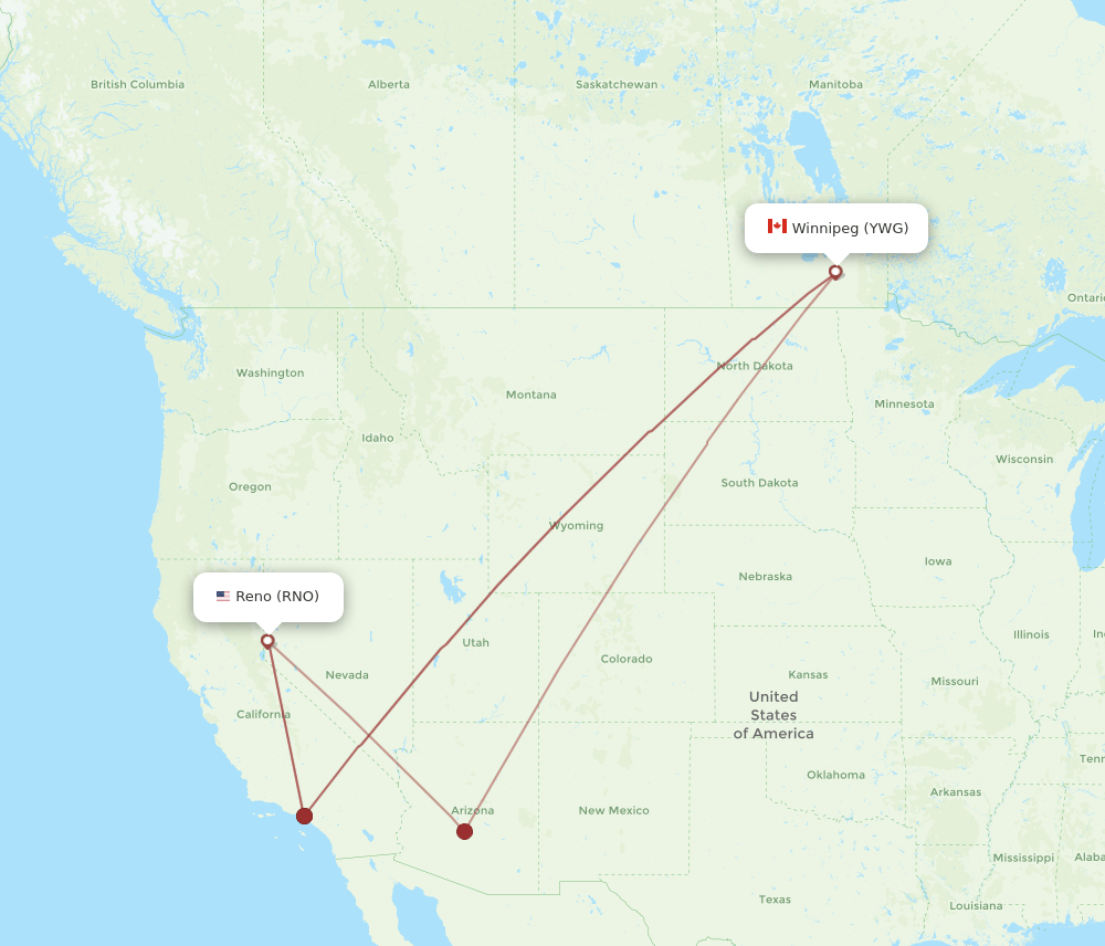 RNO-YWG flight routes