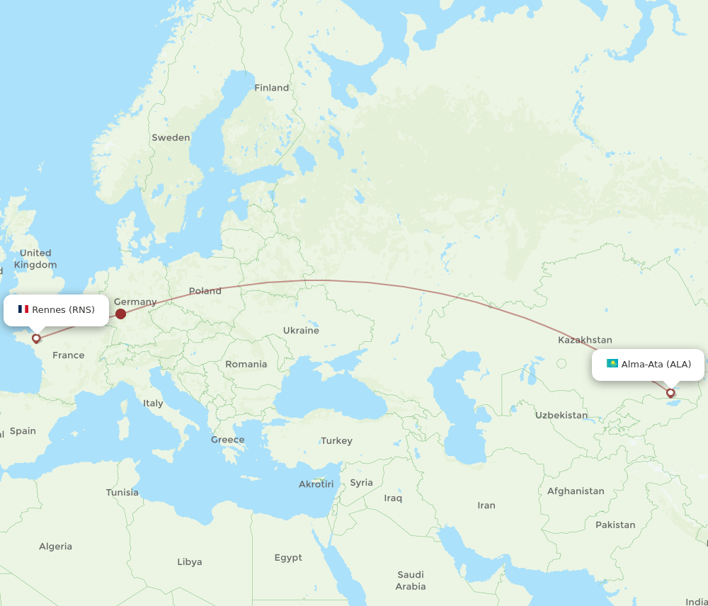 Rennes - Almaty route map and flight paths