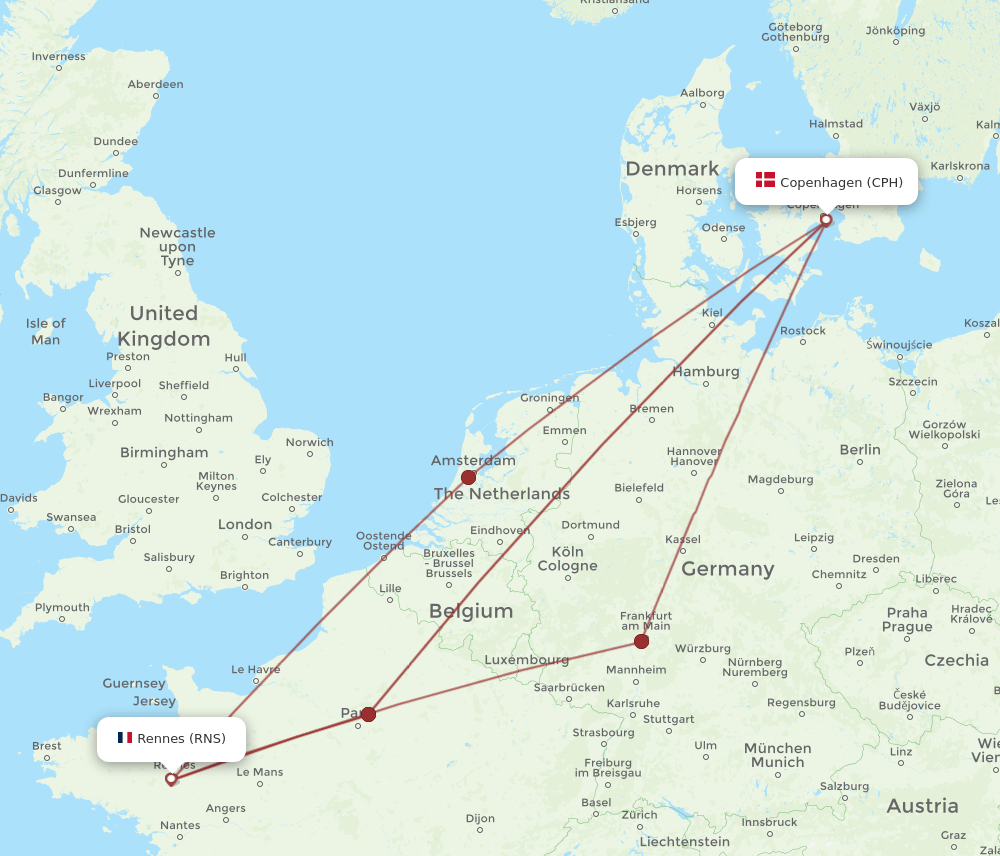RNS-CPH flight routes