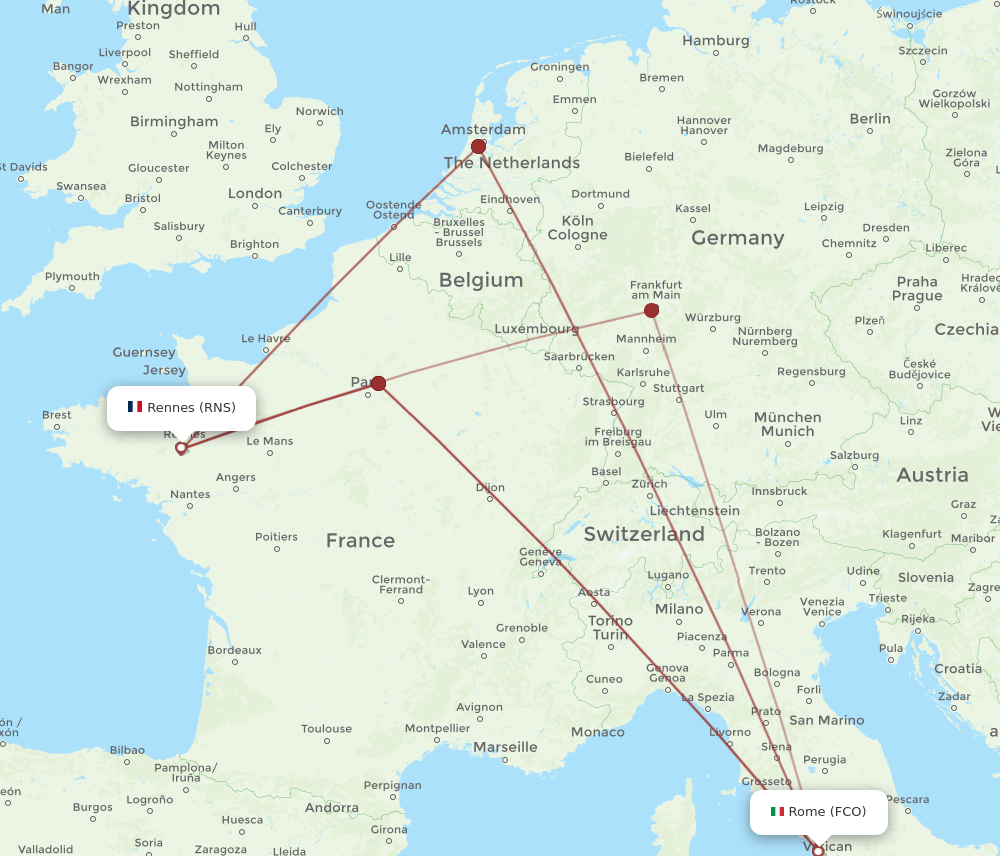 RNS to FCO flights and routes map
