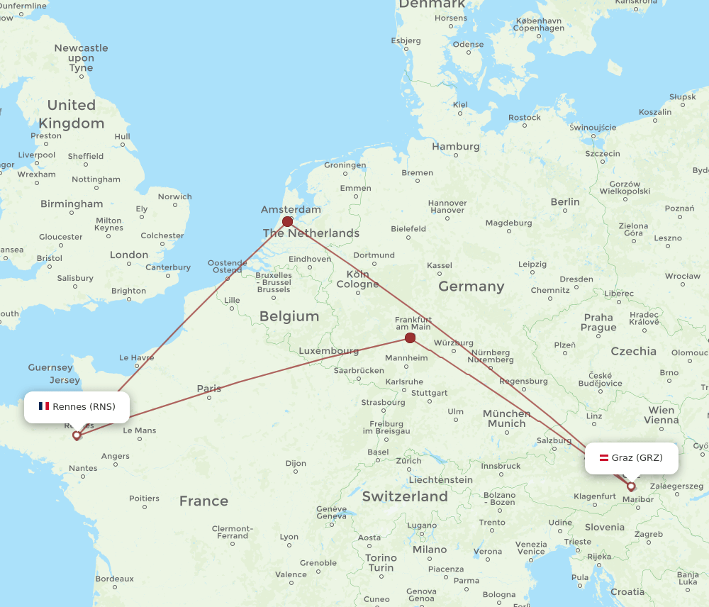 Rennes - Graz route map and flight paths