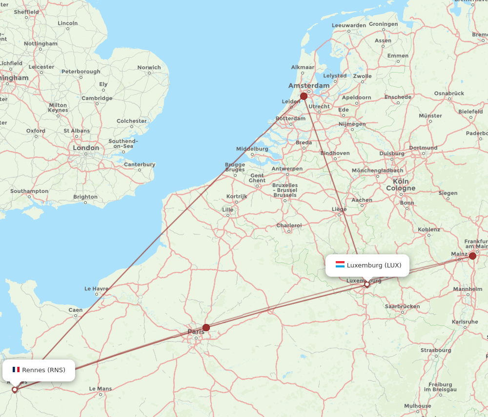 RNS to LUX flights and routes map