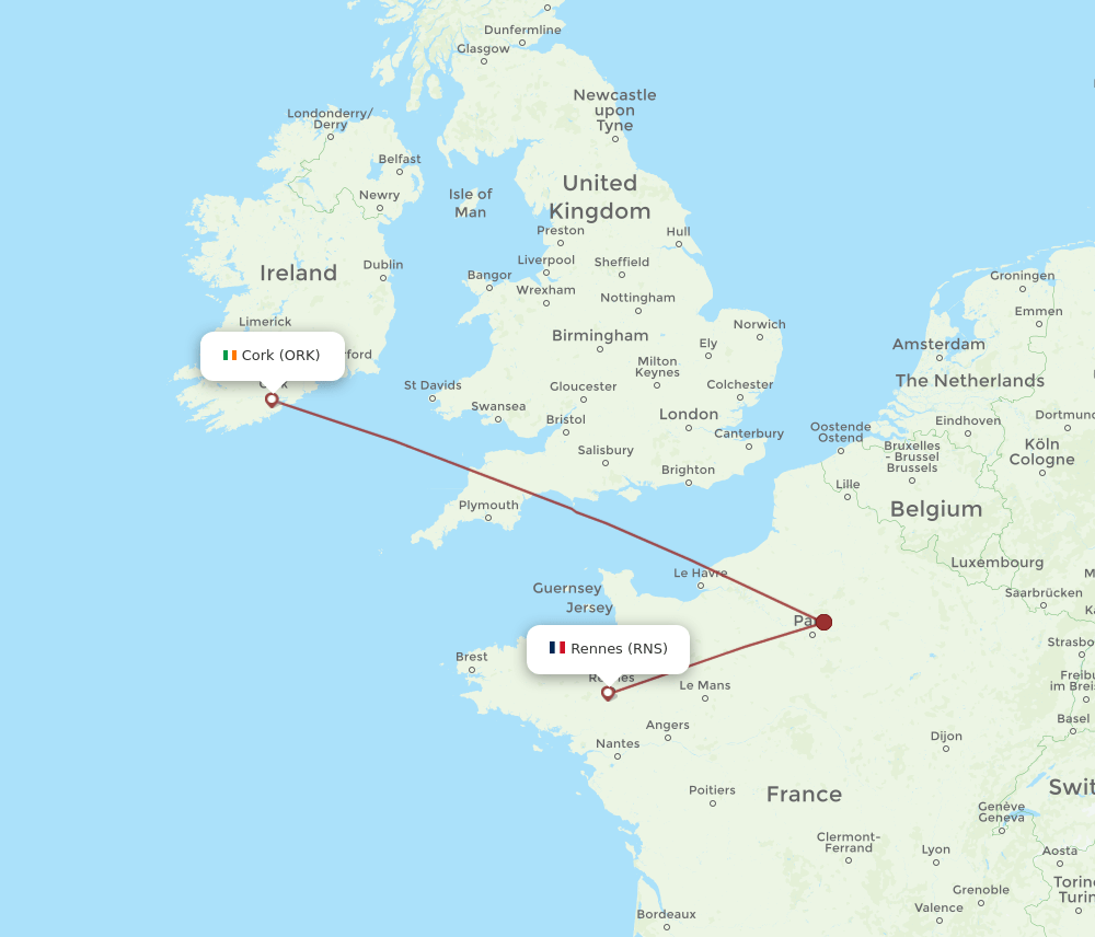 Cork - Rennes route map and flight paths
