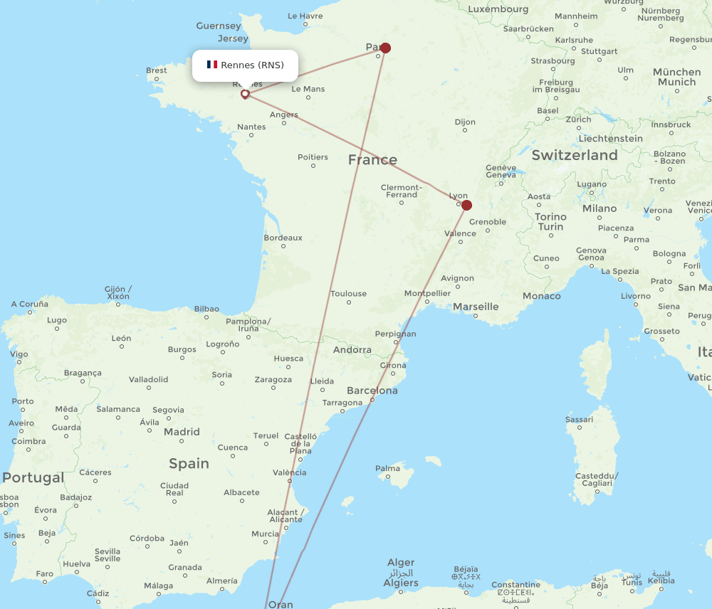 RNS to TLM flights and routes map