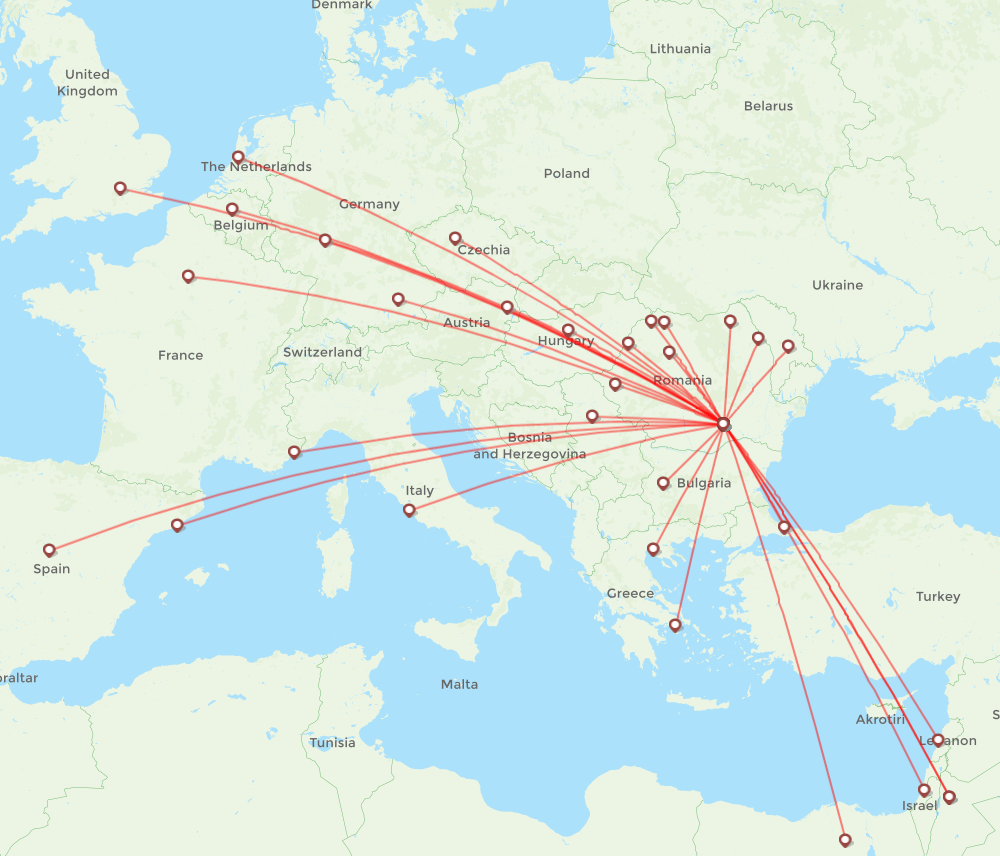 TAROM airline routes (RO) 2025, map - Flight Routes - How Long Is A Flight From Romania To New York