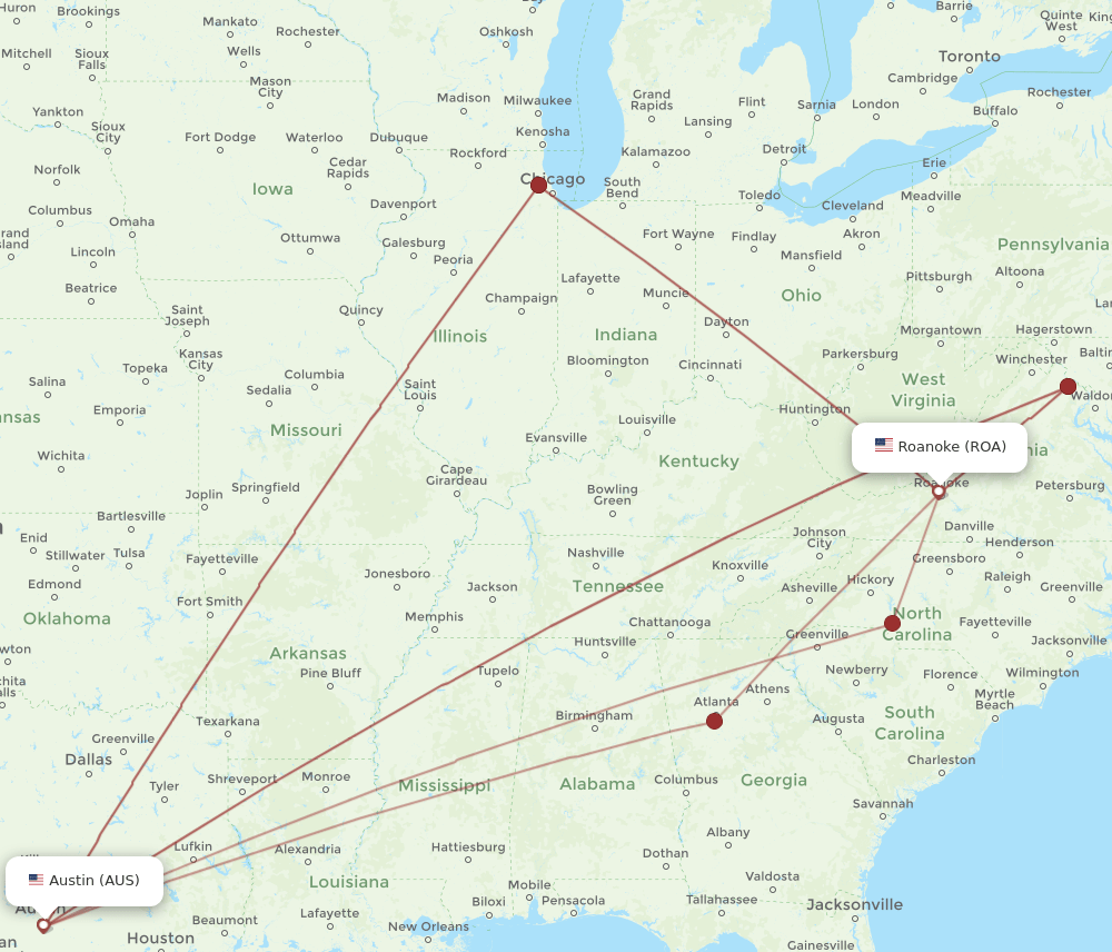 ROA-AUS flight routes