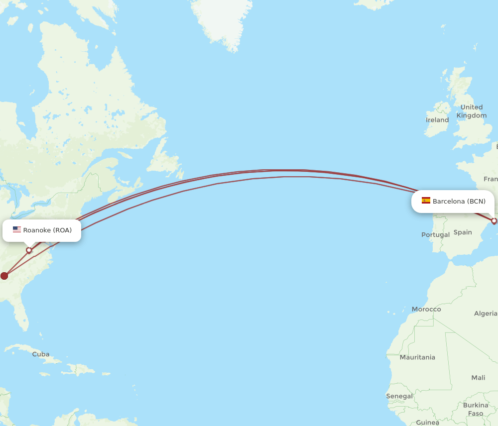 ROA to BCN flights and routes map