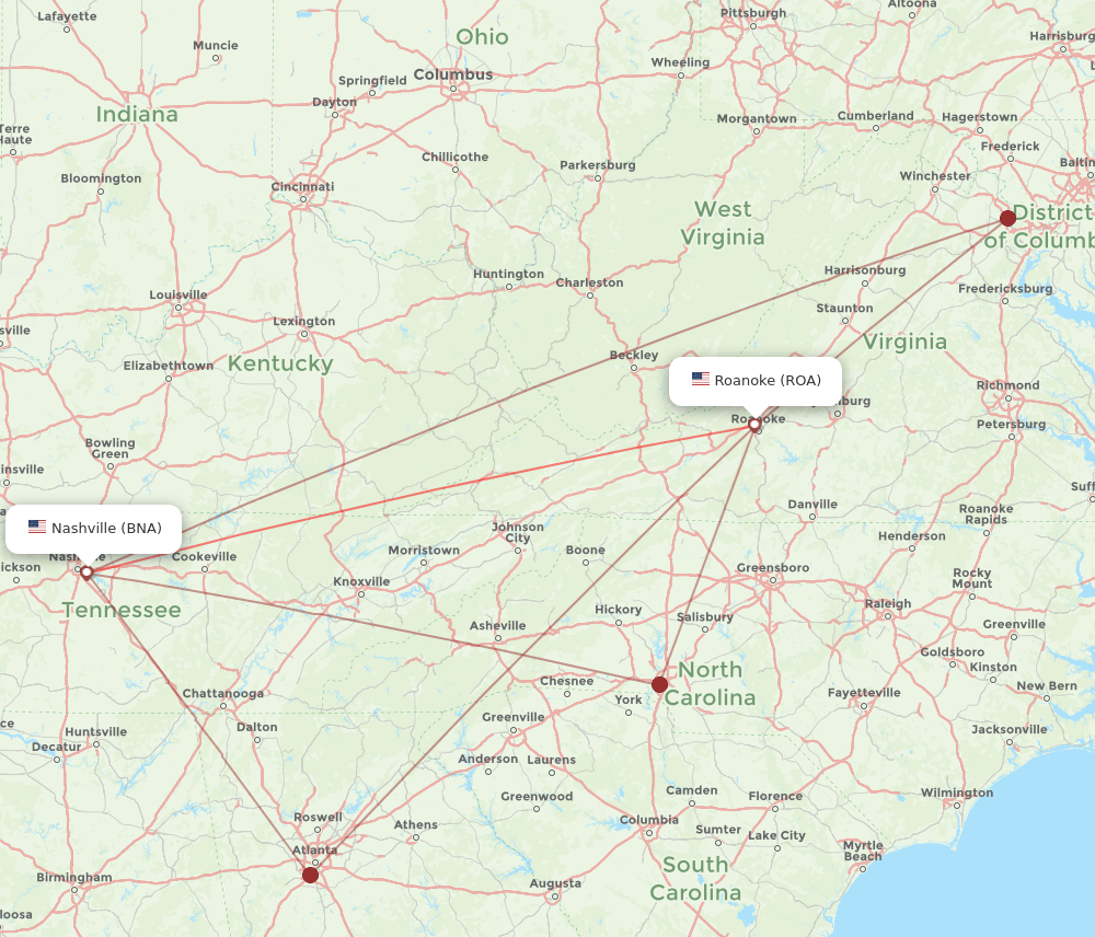 ROA to BNA flights and routes map