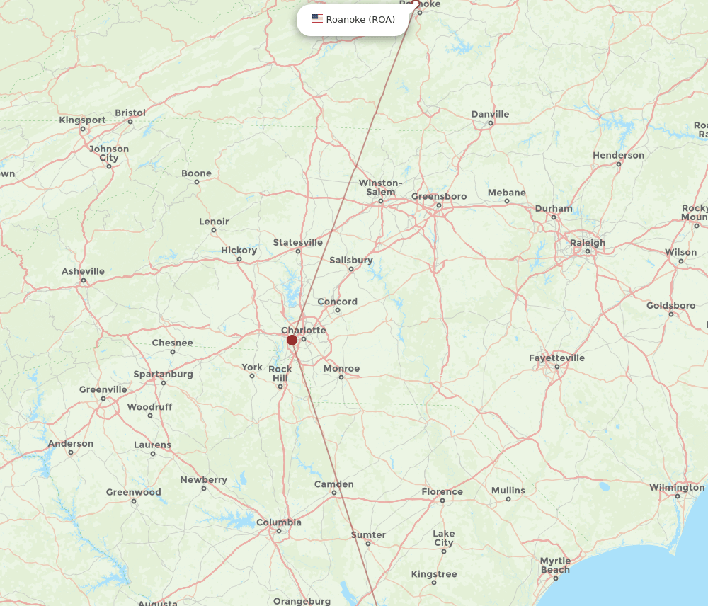 ROA to CHS flights and routes map