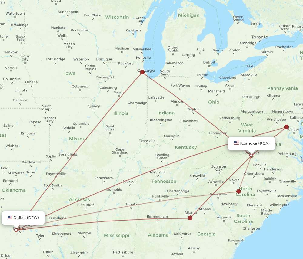 ROA-DFW flight routes