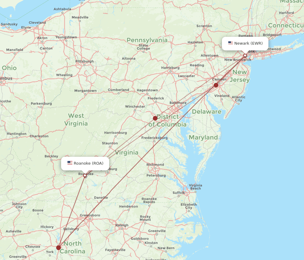 ROA-EWR flight routes