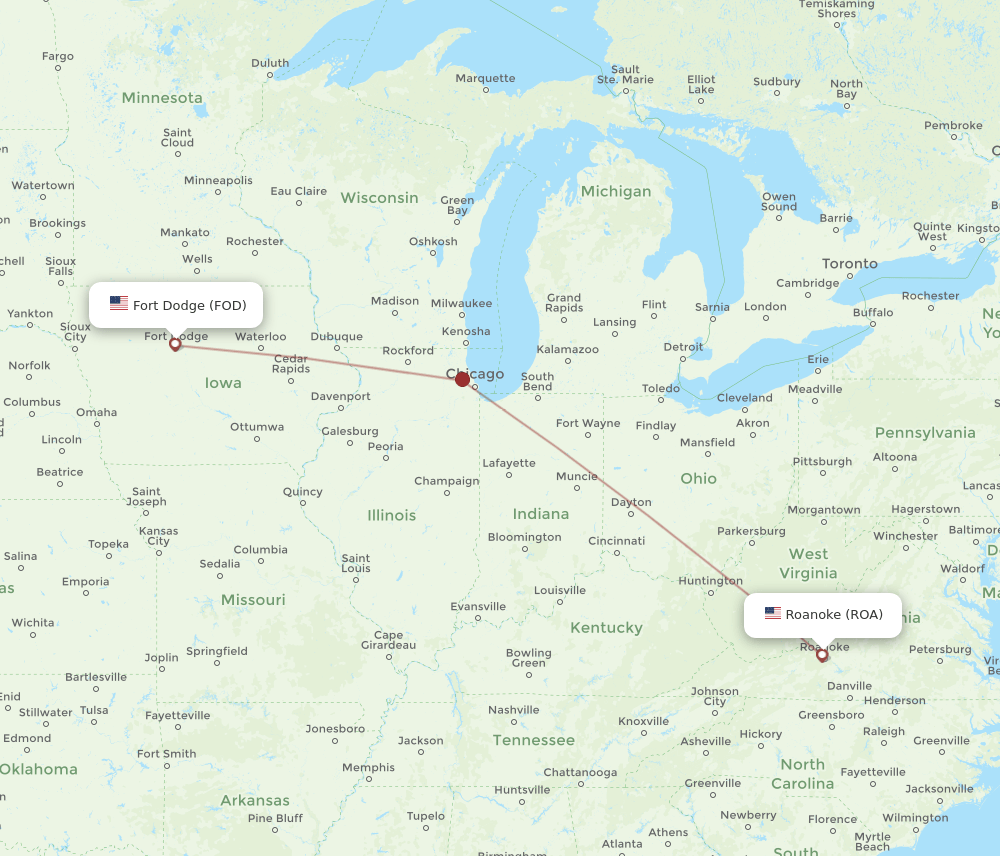 Fort Dodge - Roanoke route map and flight paths