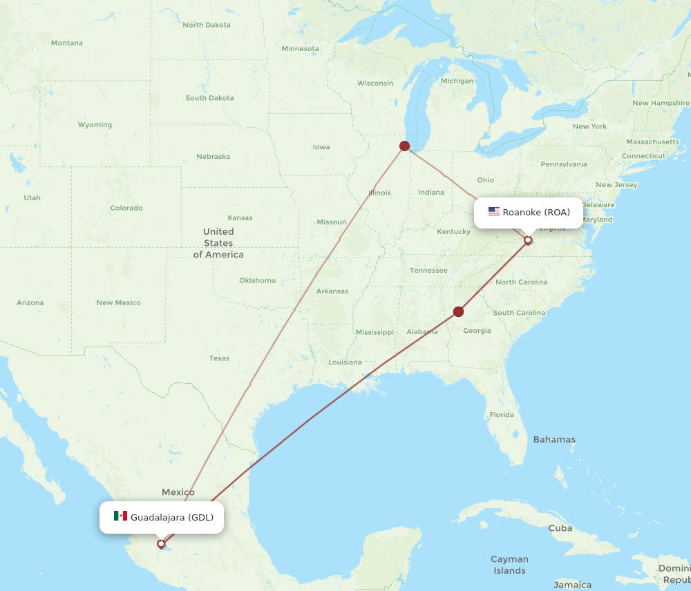 ROA-GDL flight routes