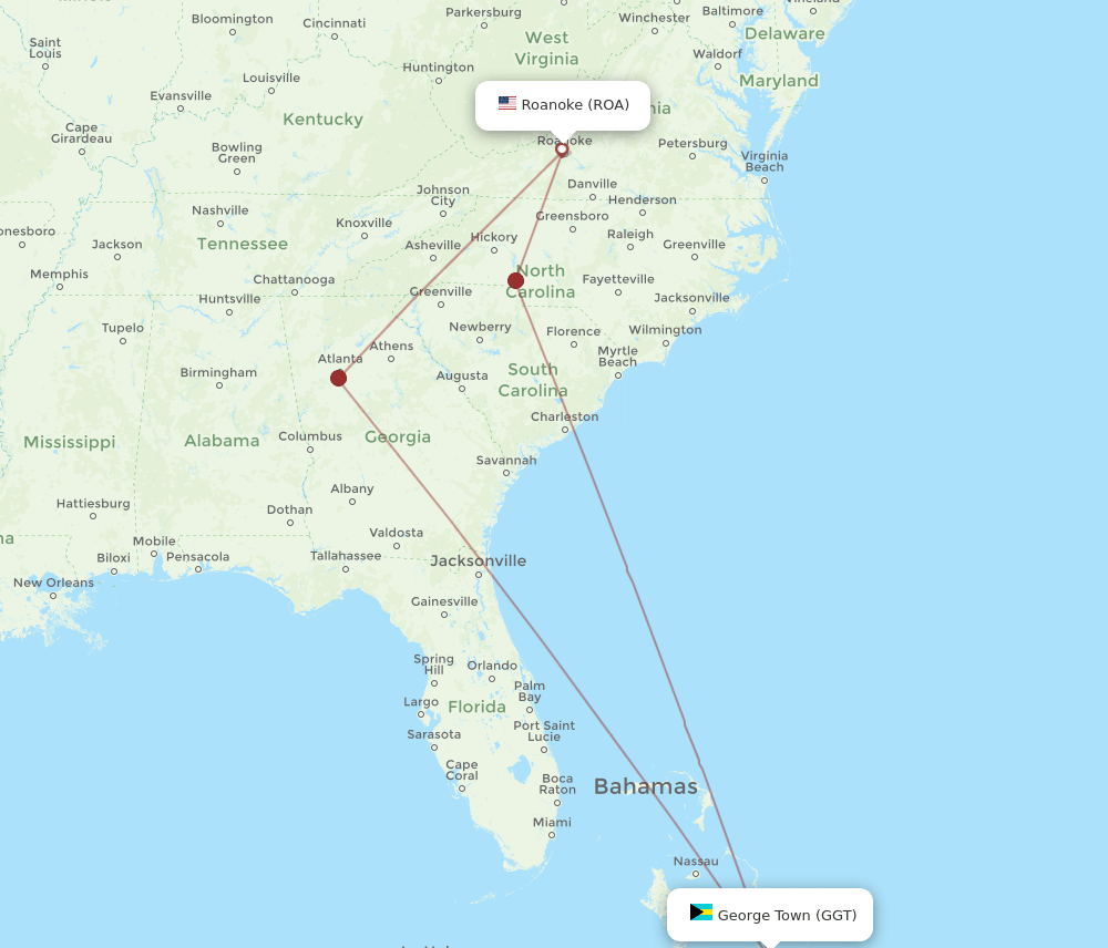 ROA to GGT flights and routes map