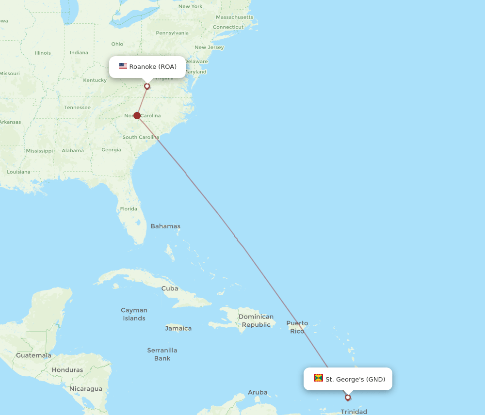 ROA to GND flights and routes map