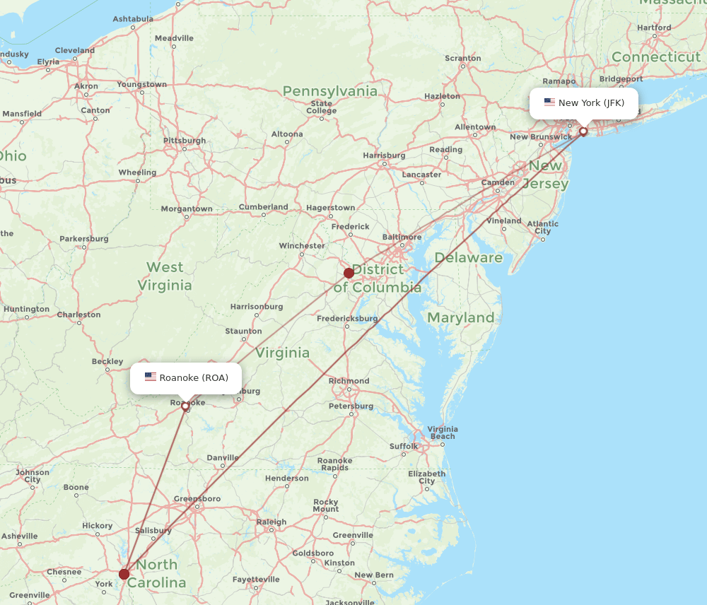 ROA-JFK flight routes