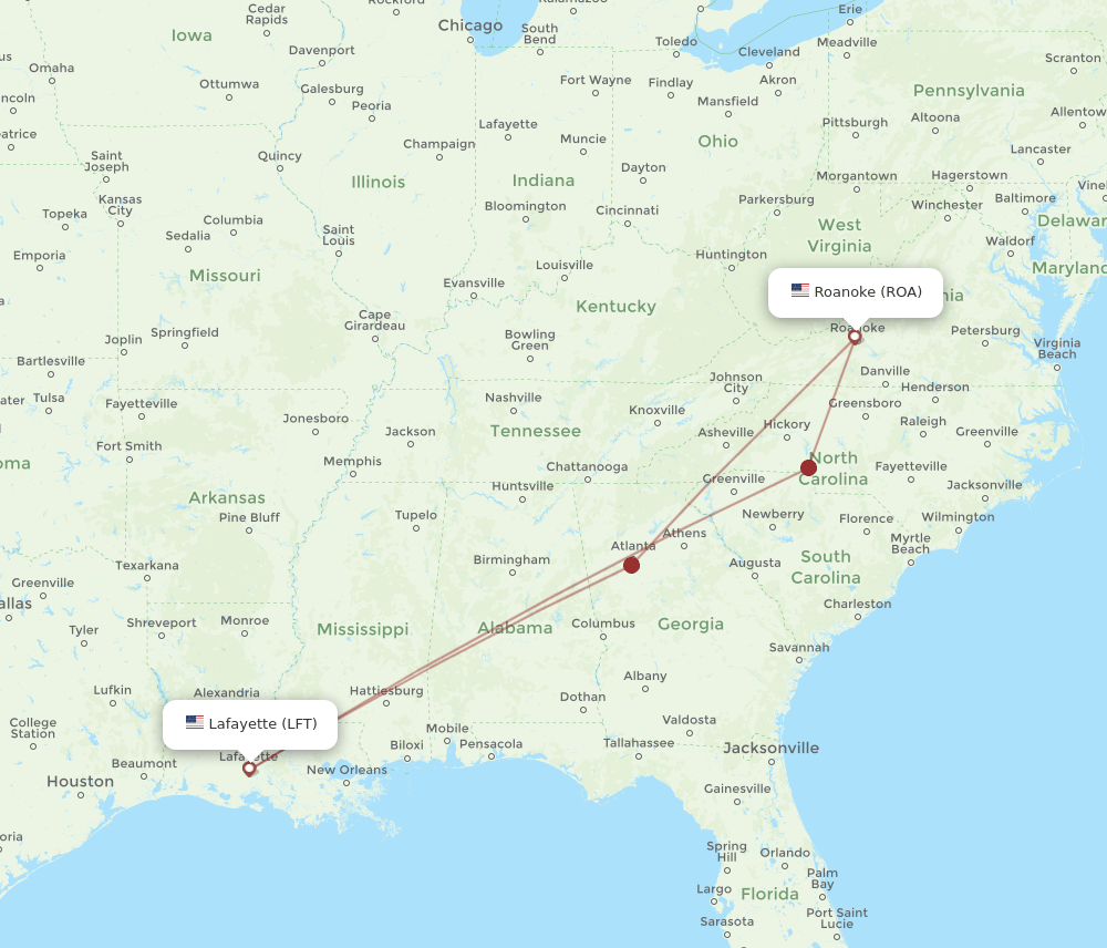 ROA-LFT flight routes
