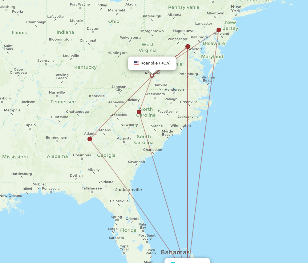 ROA to NAS flights and routes map