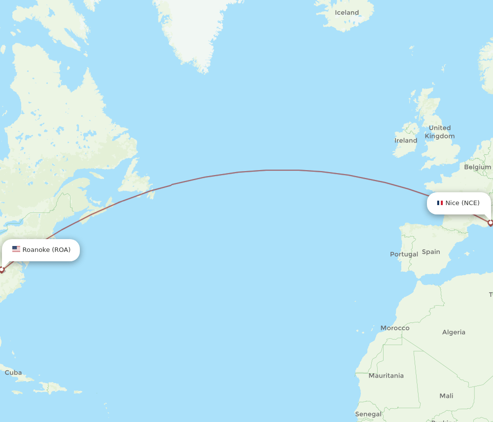 NCE to ROA flights and routes map