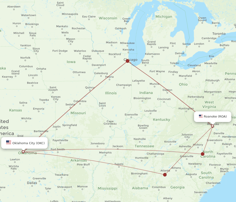 ROA-OKC flight routes