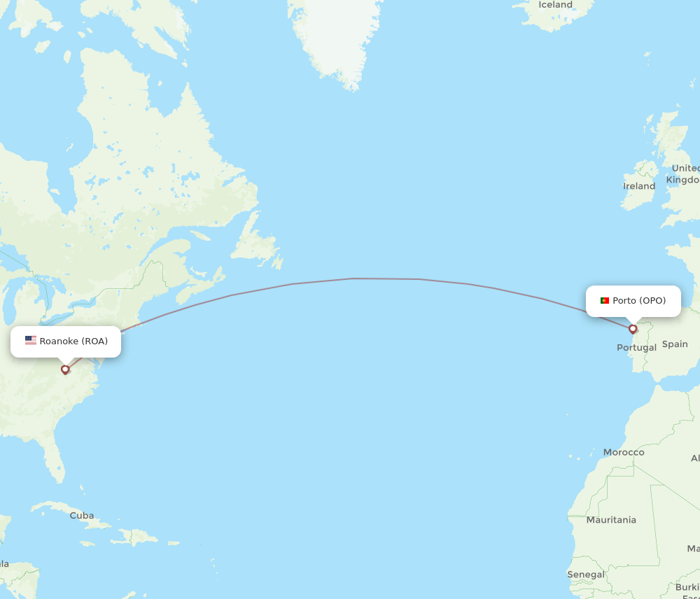 Porto - Roanoke route map and flight paths