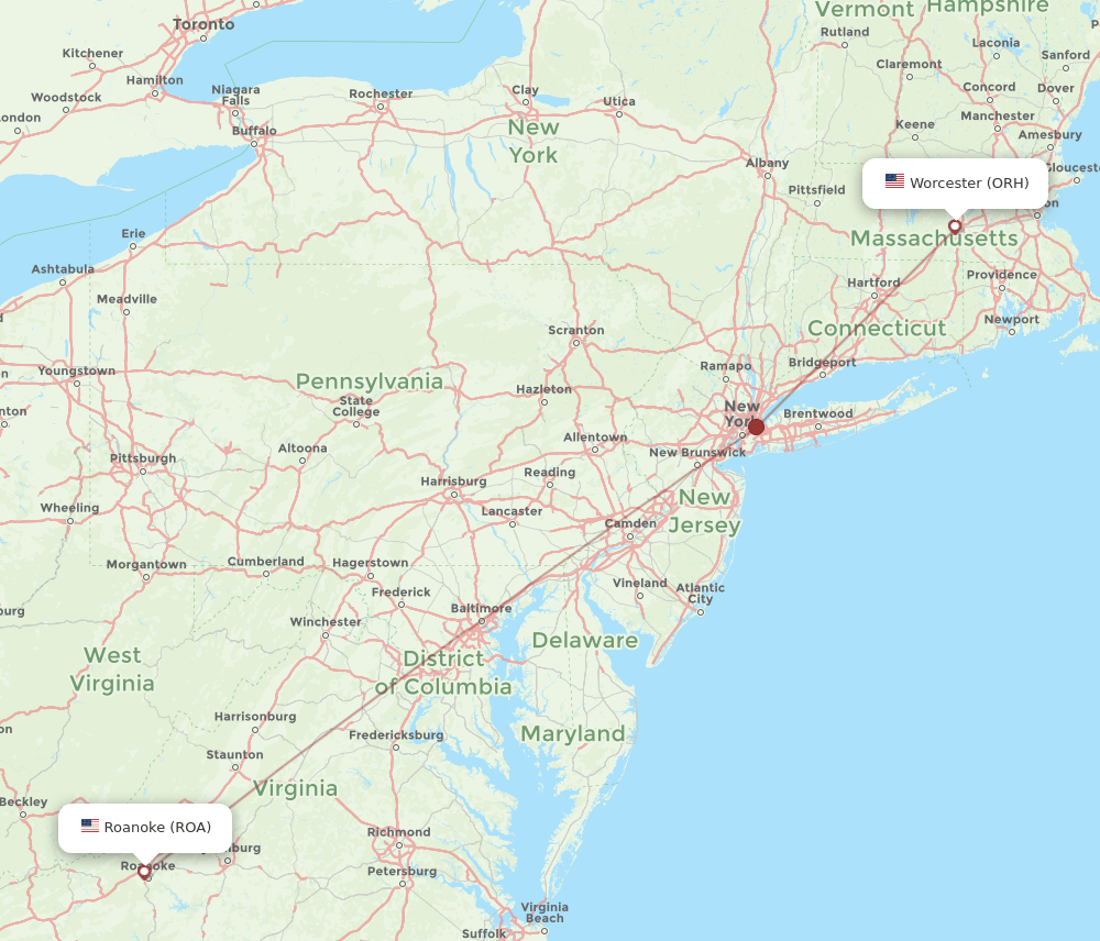 ROA-ORH flight routes