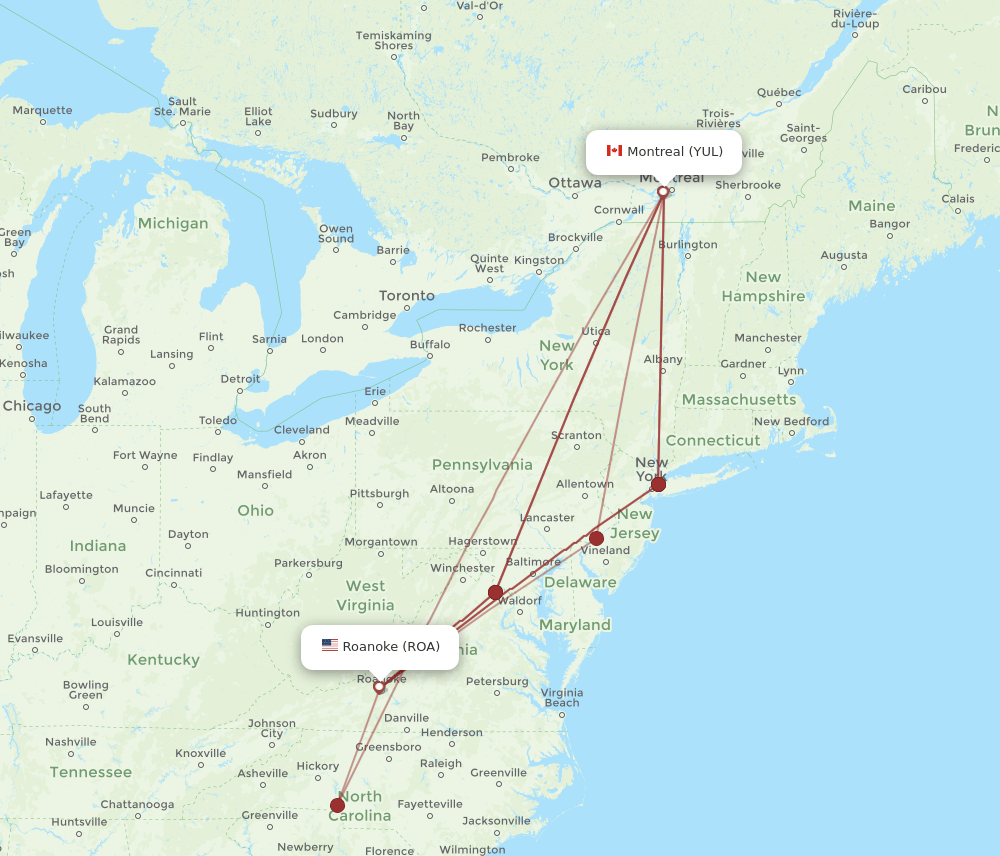 ROA-YUL flight routes