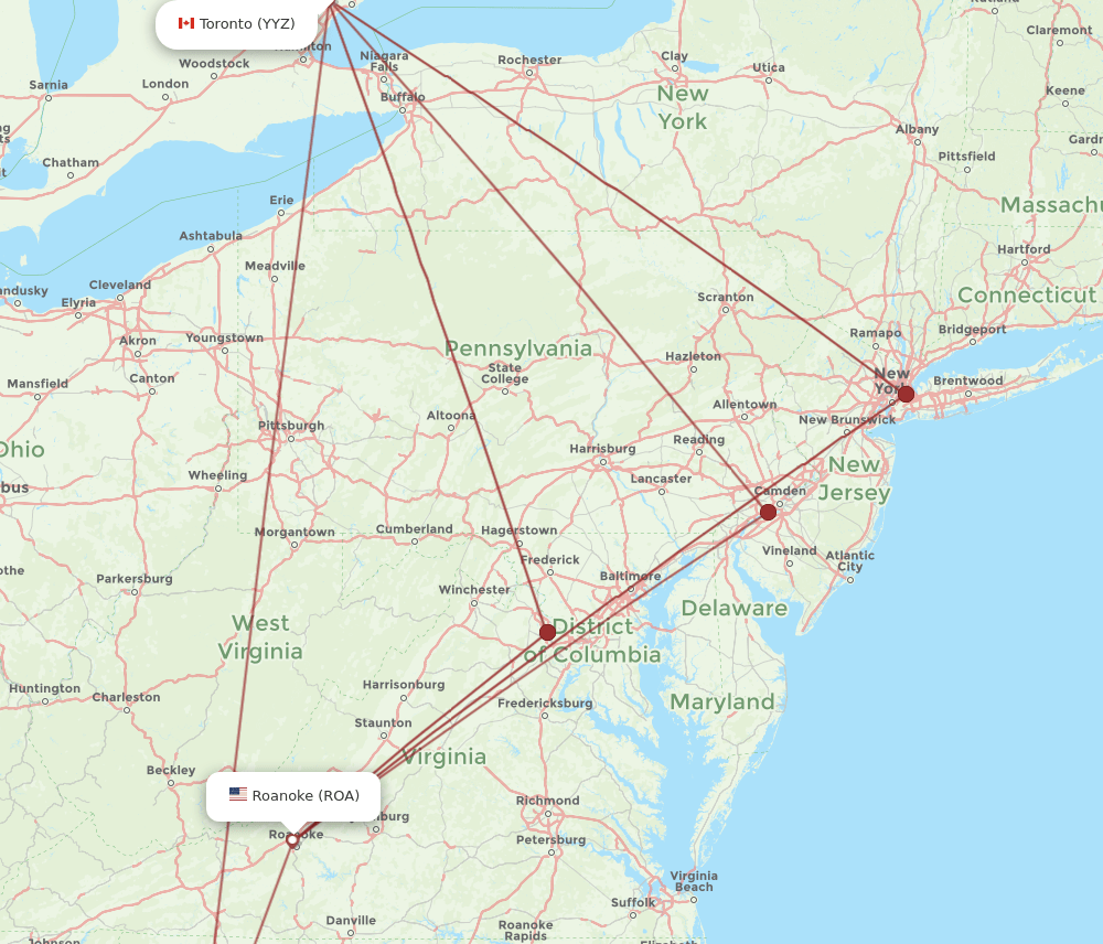 YYZ to ROA flights and routes map