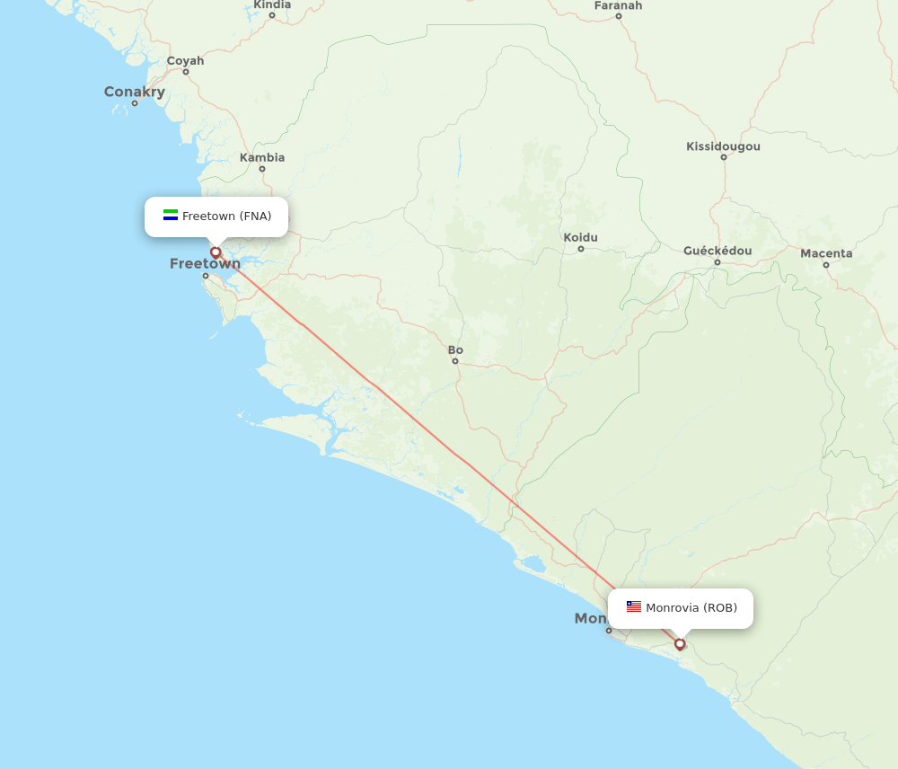 Monrovia - Freetown route map and flight paths