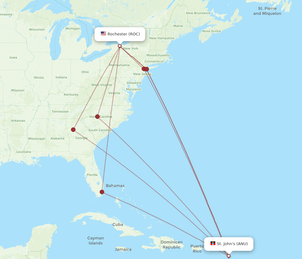 ROC to ANU flights and routes map