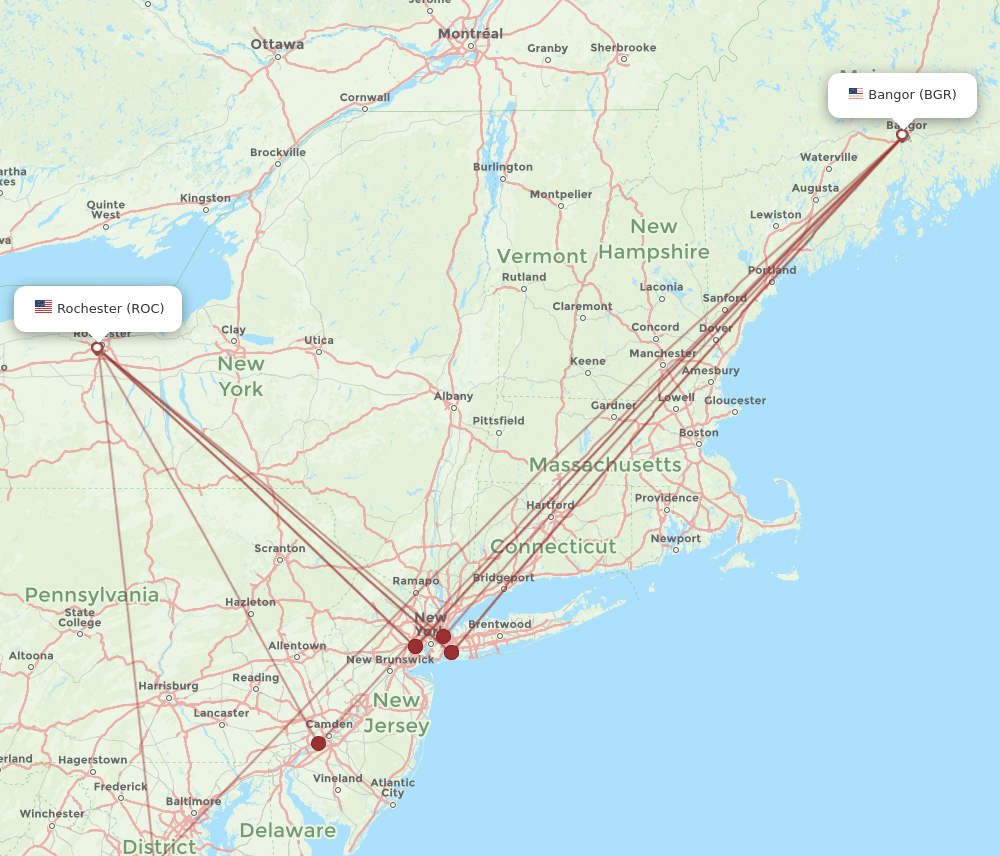 ROC to BGR flights and routes map
