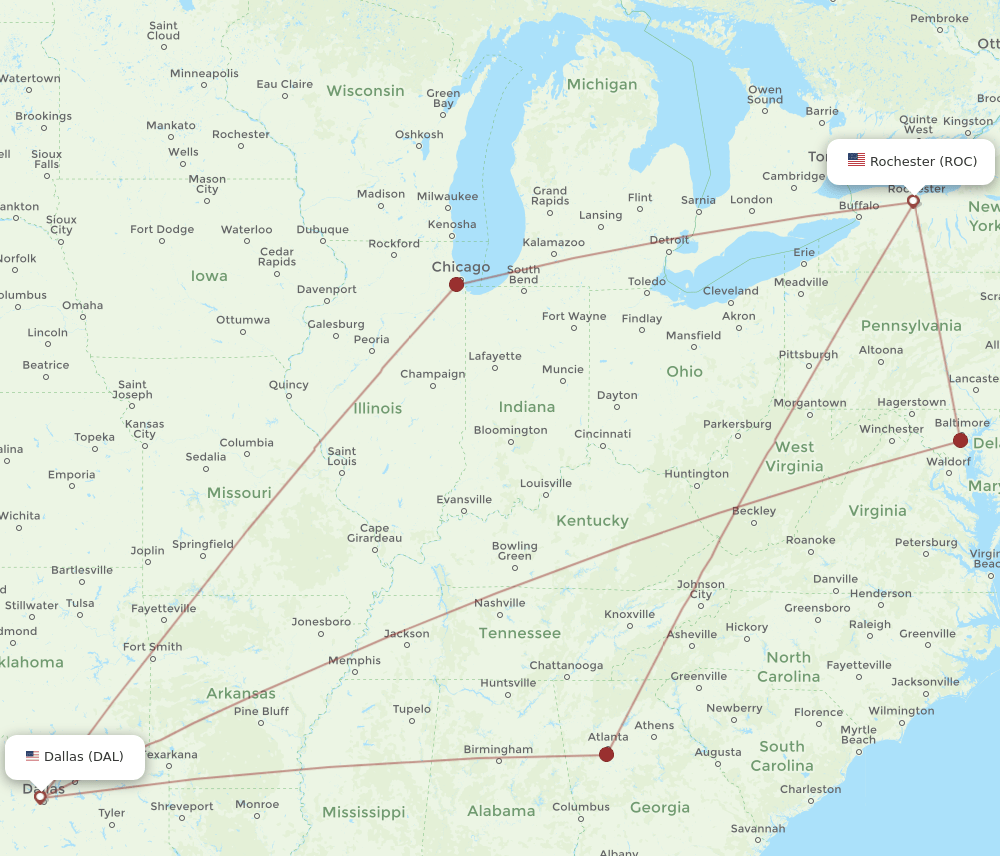 ROC to DAL flights and routes map