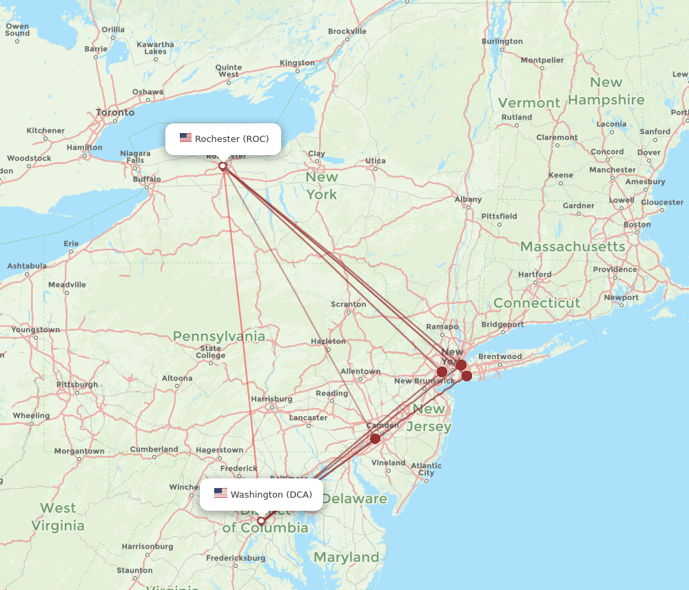 ROC to DCA flights and routes map