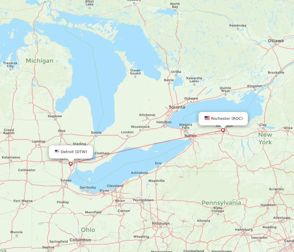 ROC to DTW flights and routes map