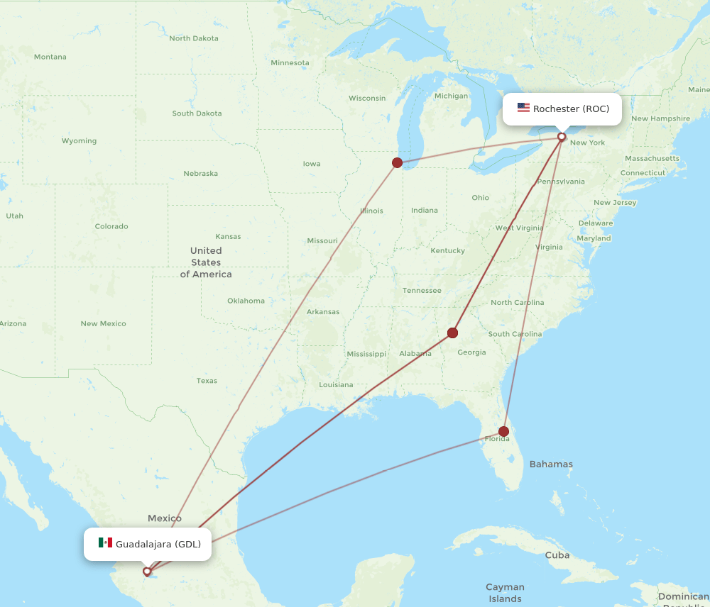 ROC to GDL flights and routes map