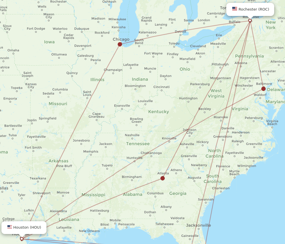ROC-HOU flight routes