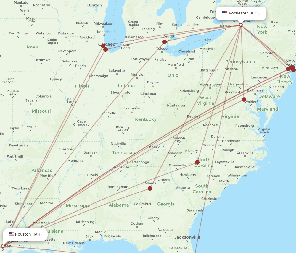 ROC to IAH flights and routes map