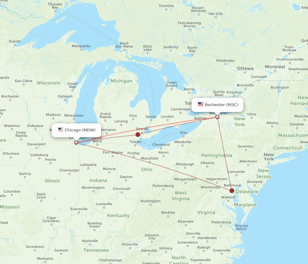 ROC-MDW flight routes