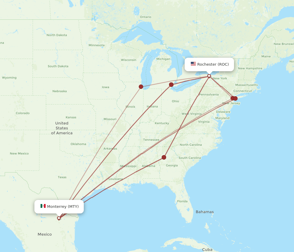 ROC-MTY flight routes