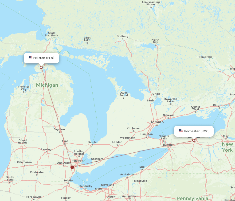 ROC to PLN flights and routes map