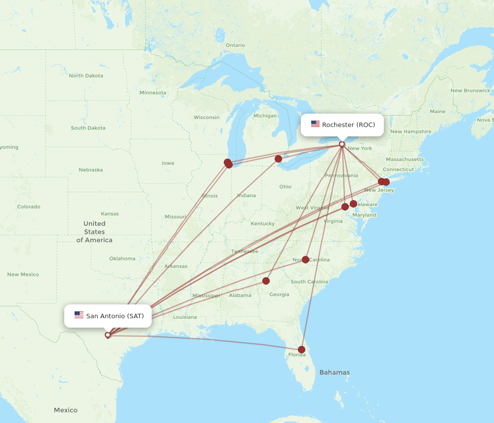 ROC to SAT flights and routes map