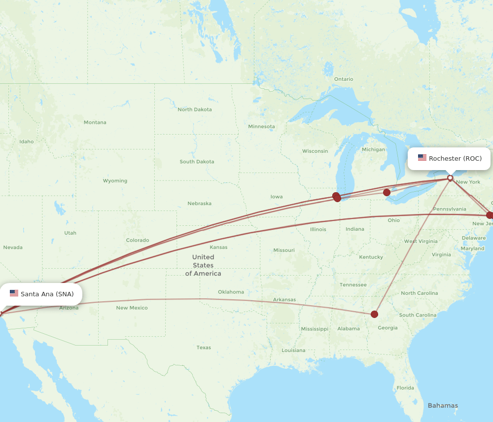 ROC to SNA flights and routes map